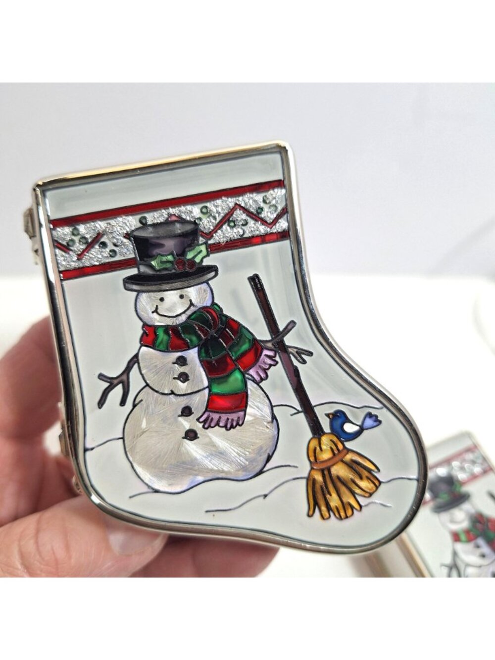 Snowman Stained Glass Mirrored Trinket Boxes Amia Hand Painted Stocking Lot of 2 - Picture 11 of 16